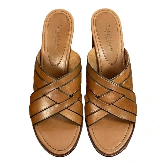 COLE HAAN Brown Woven Leather Heels sz 9AA Open Toe Sandal Slip-on D12351 - Picture 4 of 8